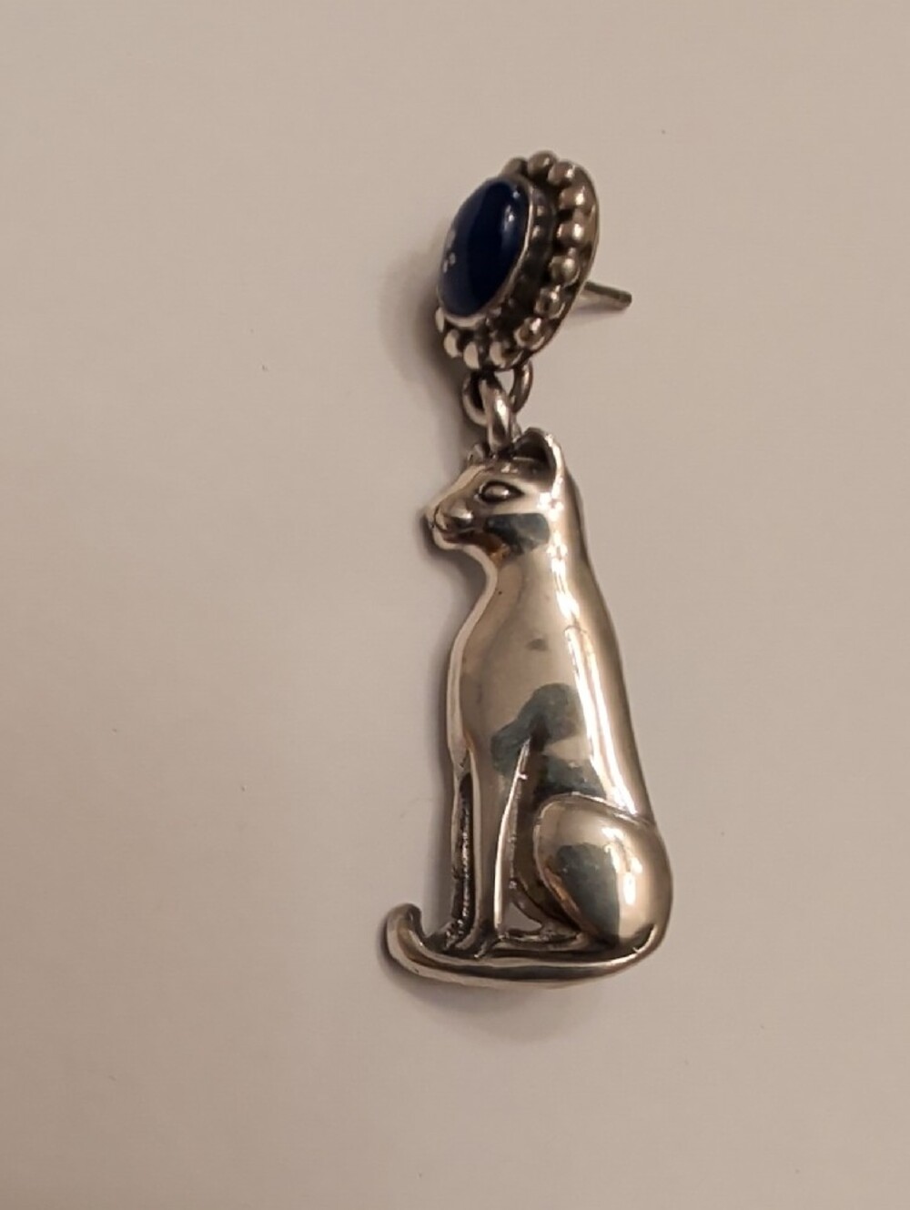 Sterling Silver Cat Dangle Earrings with Blue Stone - Picture 2 of 8